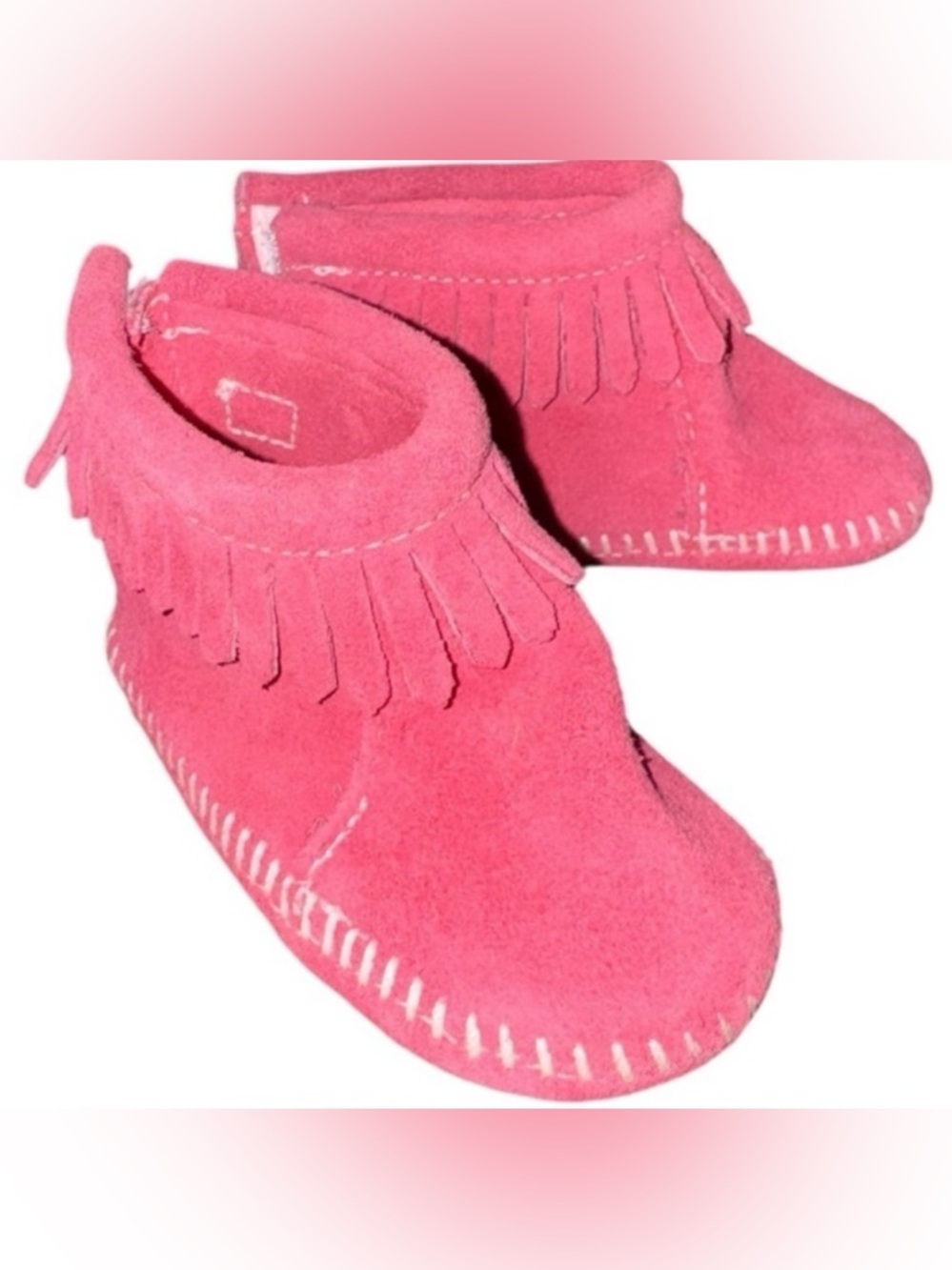Minnetonka baby moccasins size 4 pink suede fringe leather soft sole shoes
